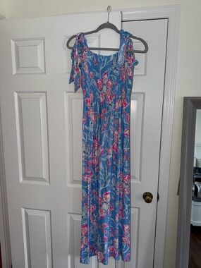 chinese dress ladies Lilly Pulitzer Hadly Smocked Cotton Maxi Amalfi Blue Leaf It Wild MD at  Amazon Women's Clothing store main image 0